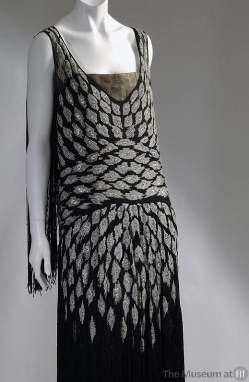 Sleeveless black evening drop waist chemise with crystal beads and rhinestones applied in diamo…