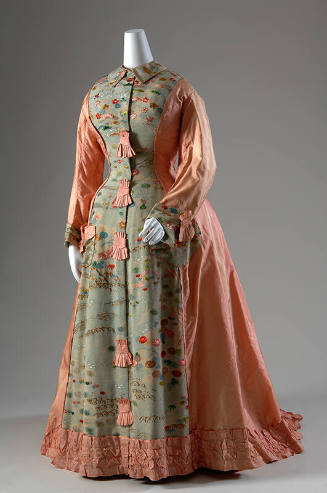 Pink morning robe with Japanese printed and embroidered kimono fabric with water and floral mot…