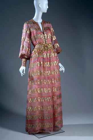 Sheer pink long sleeve silk evening dress with banded gold metallic paisely design, gold metal …