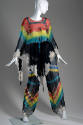 Evening set with poncho style top and wide leg pants in multicolor tie-dye chiffon
