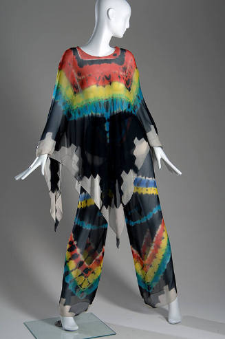 Evening set with poncho style top and wide leg pants in multicolor tie-dye chiffon