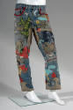 Embellished blue denim jeans with multi-color applique, beadwork, embroidery, rhinestones, and …