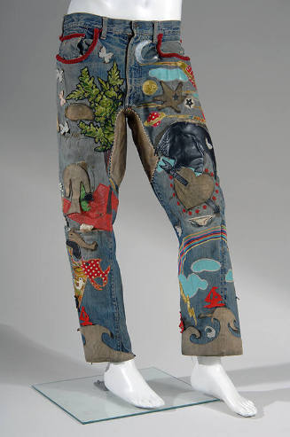 Embellished blue denim jeans with multi-color applique, beadwork, embroidery, rhinestones, and …