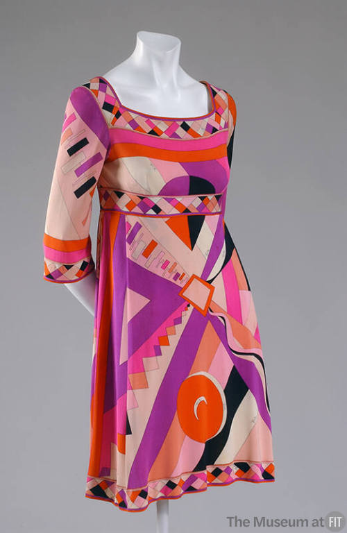 Pink 3/4 sleeve knee length dress with square neck and multi-color geometric print