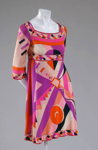 Pink 3/4 sleeve knee length dress with square neck and multi-color geometric print