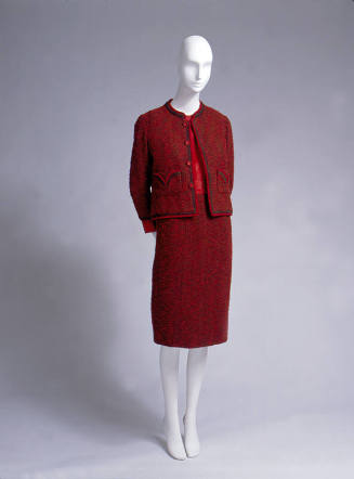 Red, maroon, and green tweed three-piece suit: semifitted jacket, attached cuffs and shell, and…