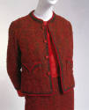 Red, maroon, and green tweed three-piece suit: semifitted jacket with pocket flap and  red butt…