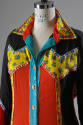 Shirt style chemise gown with multicolor floral print in black, red, green, and yellow