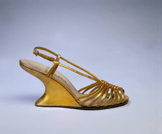 Gold metallic leather evening strap sandals with high, F wedge heel