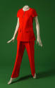 Red, structured pantsuit with short sleeve top, flap pockets, and flared leg pants