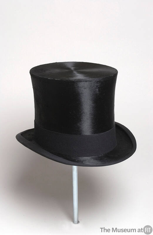 Men's black top hat with flared crown and brim rolled at sides