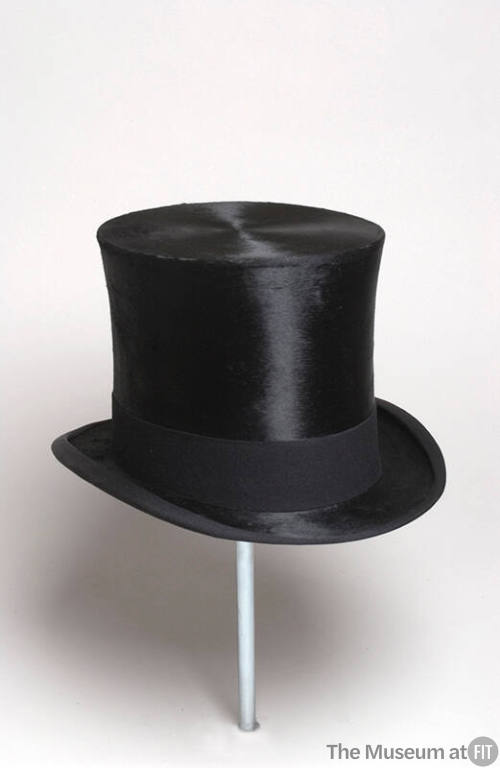 Men's black top hat with flared crown and brim rolled at sides