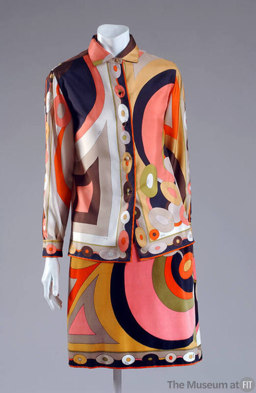 Matching skirt, bag, and scarf screen printed with large scale multicolor geometric design
