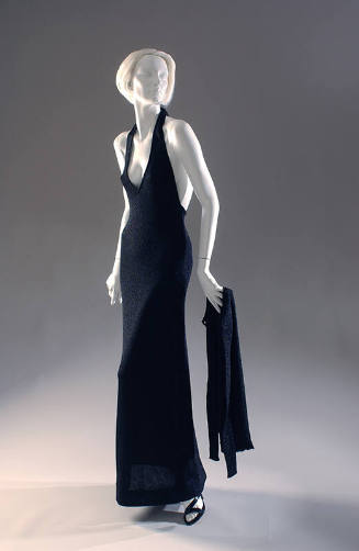 Black rib knit cardigan sweater and matching floor length V neck, halter gown