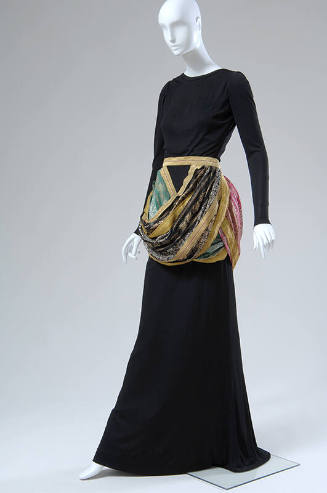 Black long sleeve fitted dress with multicolor draped hip band 