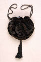 black silk velvet pouch bag printed in metallic pigment with large Renaissance style floral mot…