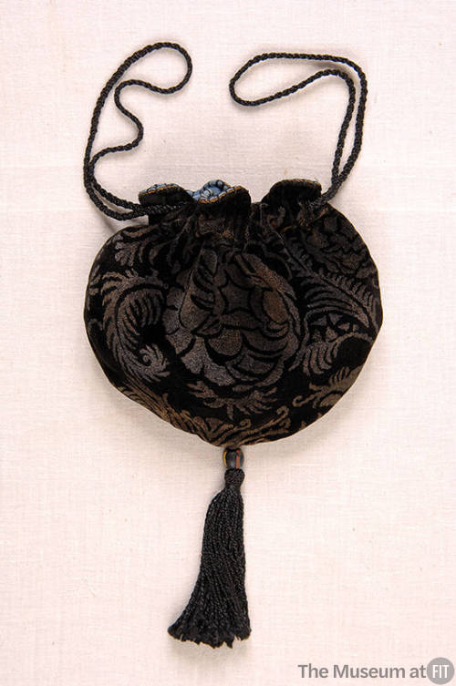 black silk velvet pouch bag printed in metallic pigment with large Renaissance style floral mot…