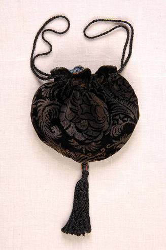 black silk velvet pouch bag printed in metallic pigment with large Renaissance style floral mot…