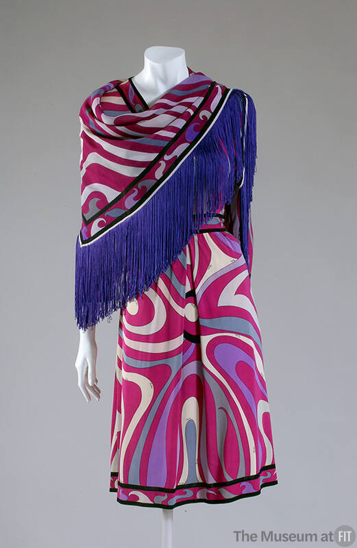 Dress in signature print of fuchsia pink/purple, mauve, grey and white; matching scarf with pur…