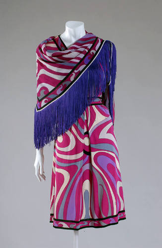 Dress in signature print of fuchsia pink/purple, mauve, grey and white; matching scarf with pur…
