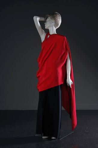 Two-piece evening dress with fuchsia pink silk crepe one shoulder toga style tunic, contrast lo…
