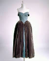 Strapless floor length evening dress with blue bodice and full grey/green skirt with blue under…