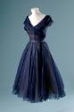 Navy blue silk chiffon two-piece dress with sleeveless, cross-over bodice, fichu collar and mat…