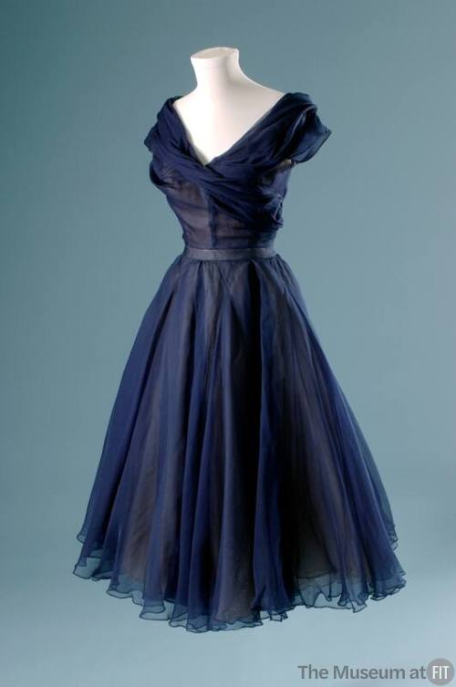Navy blue silk chiffon two-piece dress with sleeveless, cross-over bodice, fichu collar and mat…