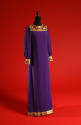 Purple floor length shift dress trimmed with gold beads and multicolor jewels on shoulder yoke,…