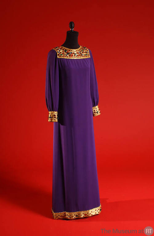 Purple floor length shift dress trimmed with gold beads and multicolor jewels on shoulder yoke,…