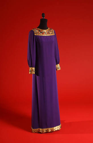 Purple floor length shift dress trimmed with gold beads and multicolor jewels on shoulder yoke,…