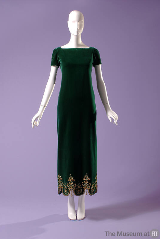 Green ankle length silk velvet sheath dress with short puffed sleeves and gold metallic embroid…