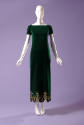 Green ankle length silk velvet sheath dress with short puffed sleeves and gold metallic embroid…