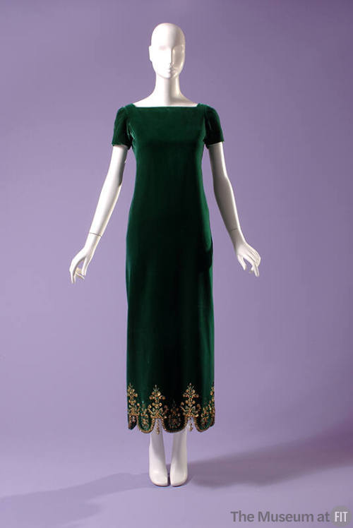 Green ankle length silk velvet sheath dress with short puffed sleeves and gold metallic embroid…