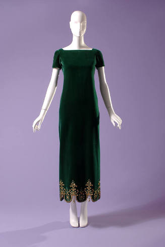 Green ankle length silk velvet sheath dress with short puffed sleeves and gold metallic embroid…