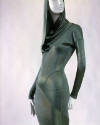 Detail of green hooded form-fitting dress