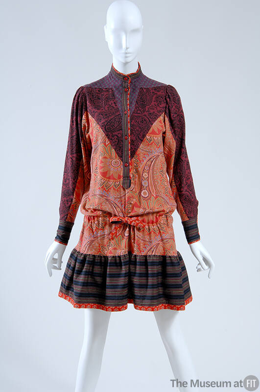 Multicolor paisley print button front drop waist long sleeve dress, striped ruffled hem 