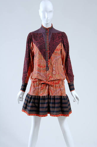 Multicolor paisley print button front drop waist long sleeve dress, striped ruffled hem 