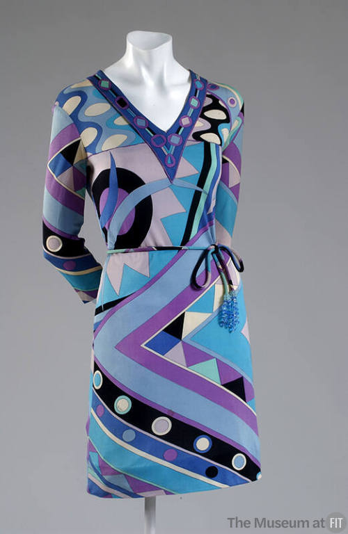 Blue, purple, black, white graphic print V-neck mini dress with tie belt