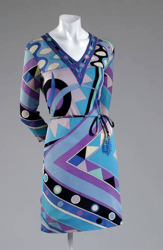 Blue, purple, black, white graphic print V-neck mini dress with tie belt