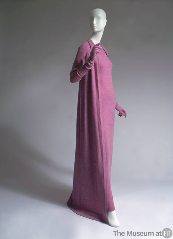 Purple floor length dress, long sleeve floor length sweater and matching gloves