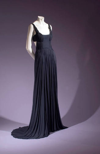 Navy blue silk pleated floor length evening dress, sleeveless with braided straps