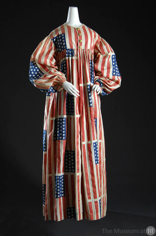 Floor length American flag print long sleeve dress with four gold button closure