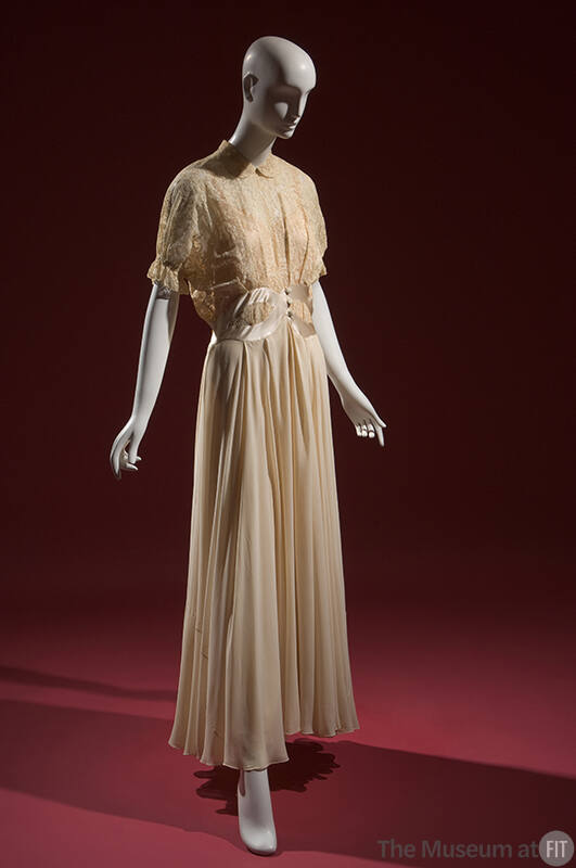 Ivory satin floor length night gown with lace bodice; peter pan collar, short sleeves