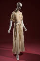 Ivory satin floor length night gown with lace bodice; peter pan collar, short sleeves