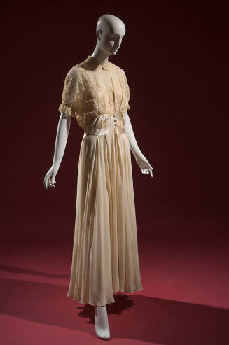 Ivory satin floor length night gown with lace bodice; peter pan collar, short sleeves
