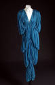 Blue fully pleated V-neck floor length gown, drop three-quarter sleeves