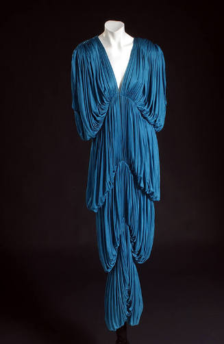Blue fully pleated V-neck floor length gown, drop three-quarter sleeves