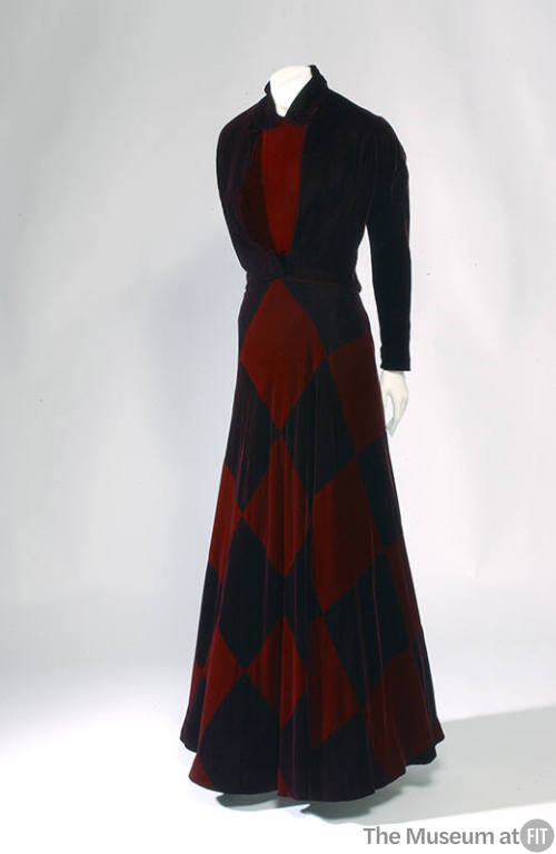Dark red and red velvet, floor length evening gown with diamond pattern skirt and matching crop…