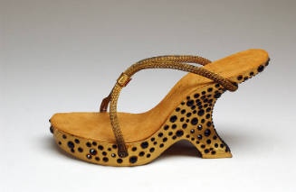 Slide sandal with goldtone metal mesh straps on gold metallic wood  high heel platform sole wit…